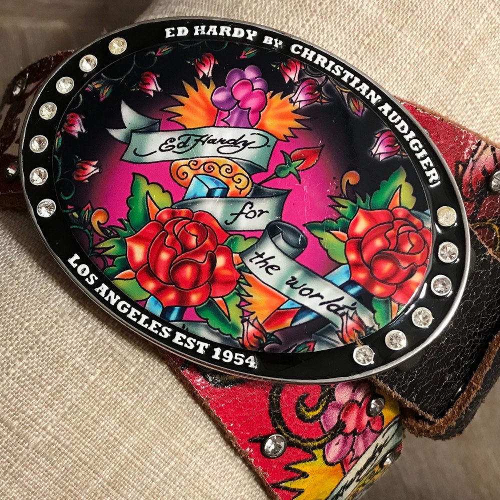 VINTAGE ED HARDY BY CHRISTIAN AUDIGIER BIG BUCKLE LEATHER BLING BELT